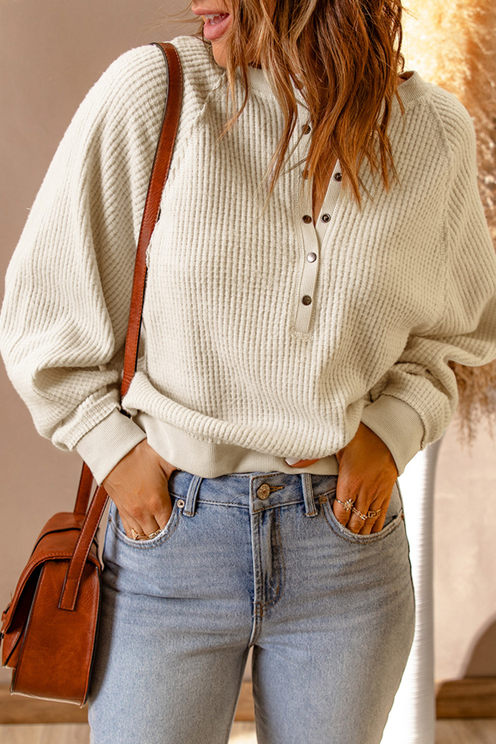 Snap Front Raglan Sleeve Waffle-Knit Top