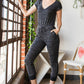 Heathered Drawstring Waist V-Neck Jumpsuit
