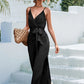 Tie Belt Spaghetti Strap Slit Jumpsuit