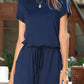 Drawstring Waist Short Sleeve Romper with Pockets