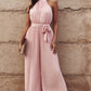 Accordion Pleated Belted Grecian Neck Sleeveless Jumpsuit