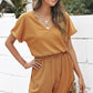 Drawstring Waist V-Neck Cuffed Romper