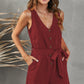 Tie-Waist Buttoned Plunge Sleeveless Romper