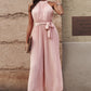 Accordion Pleated Belted Grecian Neck Sleeveless Jumpsuit
