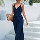 Tie Belt Spaghetti Strap Slit Jumpsuit