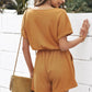 Drawstring Waist V-Neck Cuffed Romper