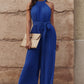 Accordion Pleated Belted Grecian Neck Sleeveless Jumpsuit